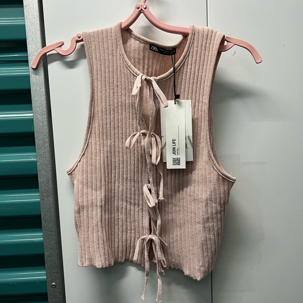 Zara Pink Bow Ribbed Top - Picture 2 of 3